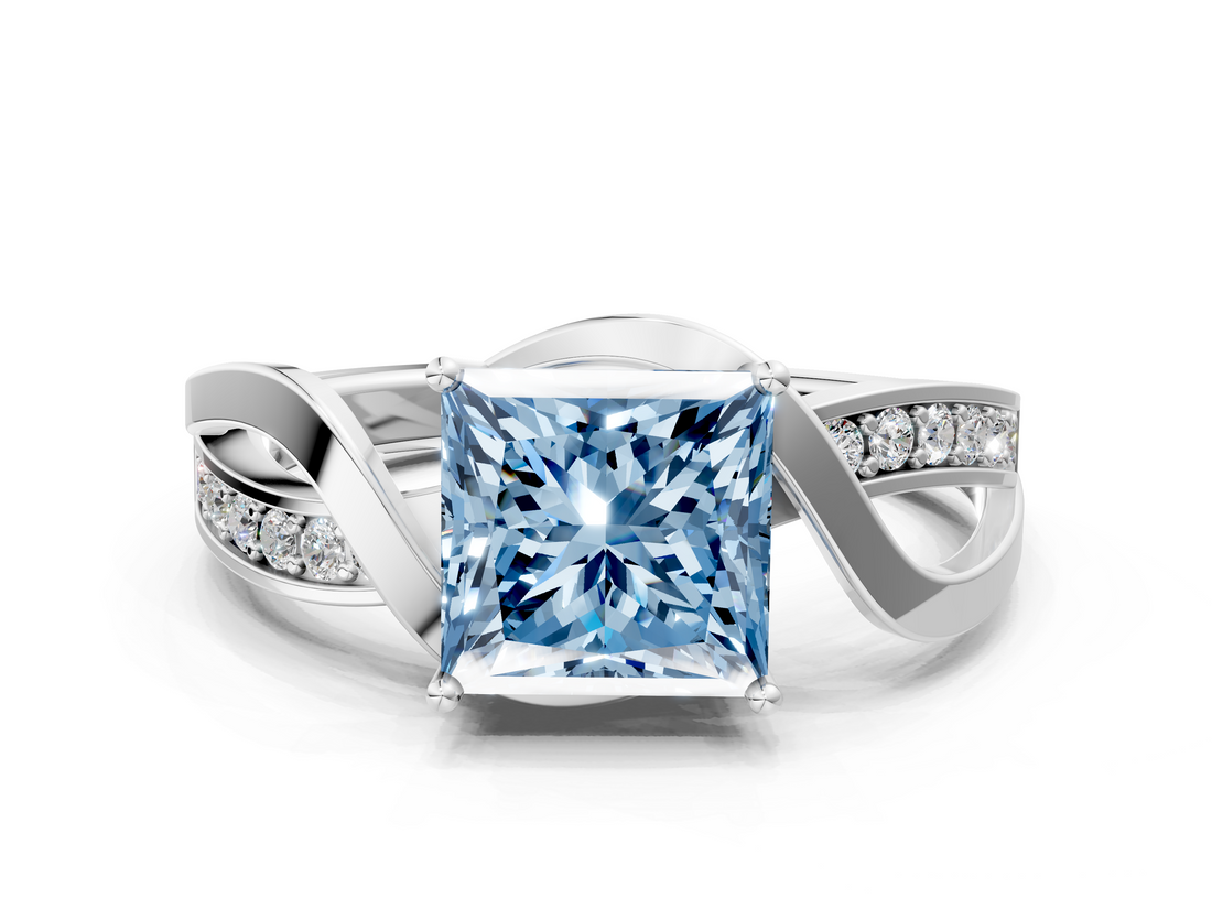 White gold Fancy Blue Princess  Solitaire Twisted Band with Prong Setting_3