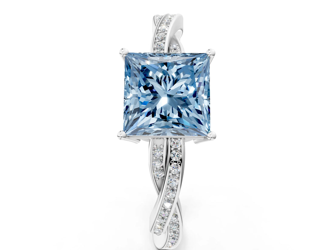 White gold Fancy Blue Princess  Solitaire Twisted Pave Diamond Ring with Four-Prong Setting_12