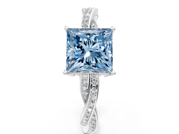 White gold Fancy Blue Princess  Solitaire Twisted Pave Diamond Ring with Four-Prong Setting