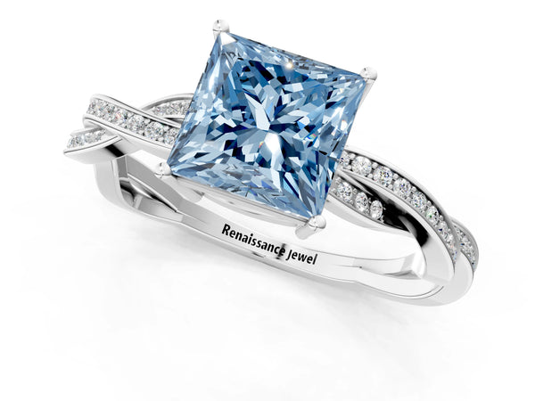 White gold Fancy Blue Princess  Solitaire Twisted Pave Diamond Ring with Four-Prong Setting