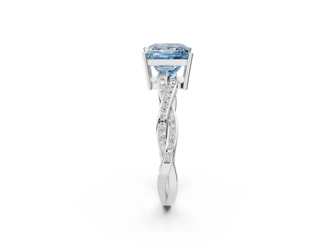 White gold Fancy Blue Princess  Solitaire Twisted Pave Diamond Ring with Four-Prong Setting_14