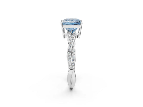 White gold Fancy Blue Princess  Solitaire Twisted Pave Diamond Ring with Four-Prong Setting