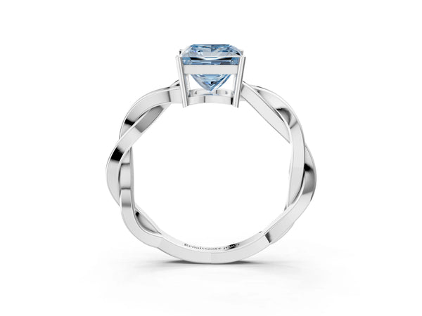 White gold Fancy Blue Princess  Solitaire Twisted Pave Diamond Ring with Four-Prong Setting