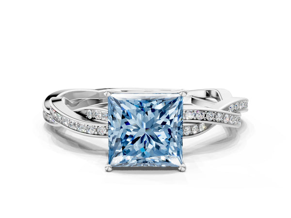 White gold Fancy Blue Princess  Solitaire Twisted Pave Diamond Ring with Four-Prong Setting
