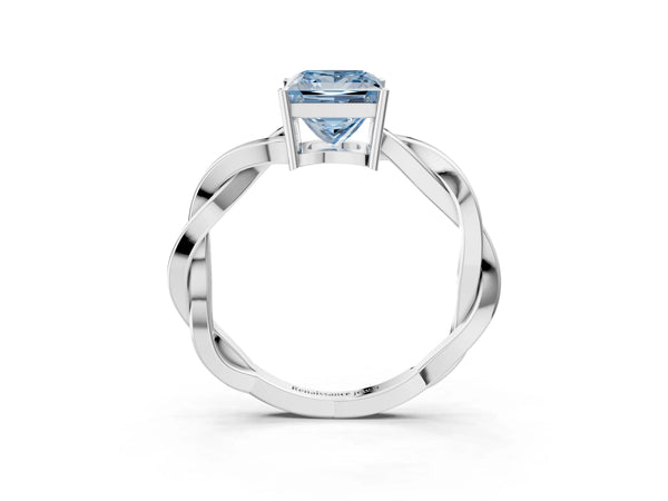 White gold Fancy Blue Princess  Solitaire Twisted Pave Diamond Ring with Four-Prong Setting