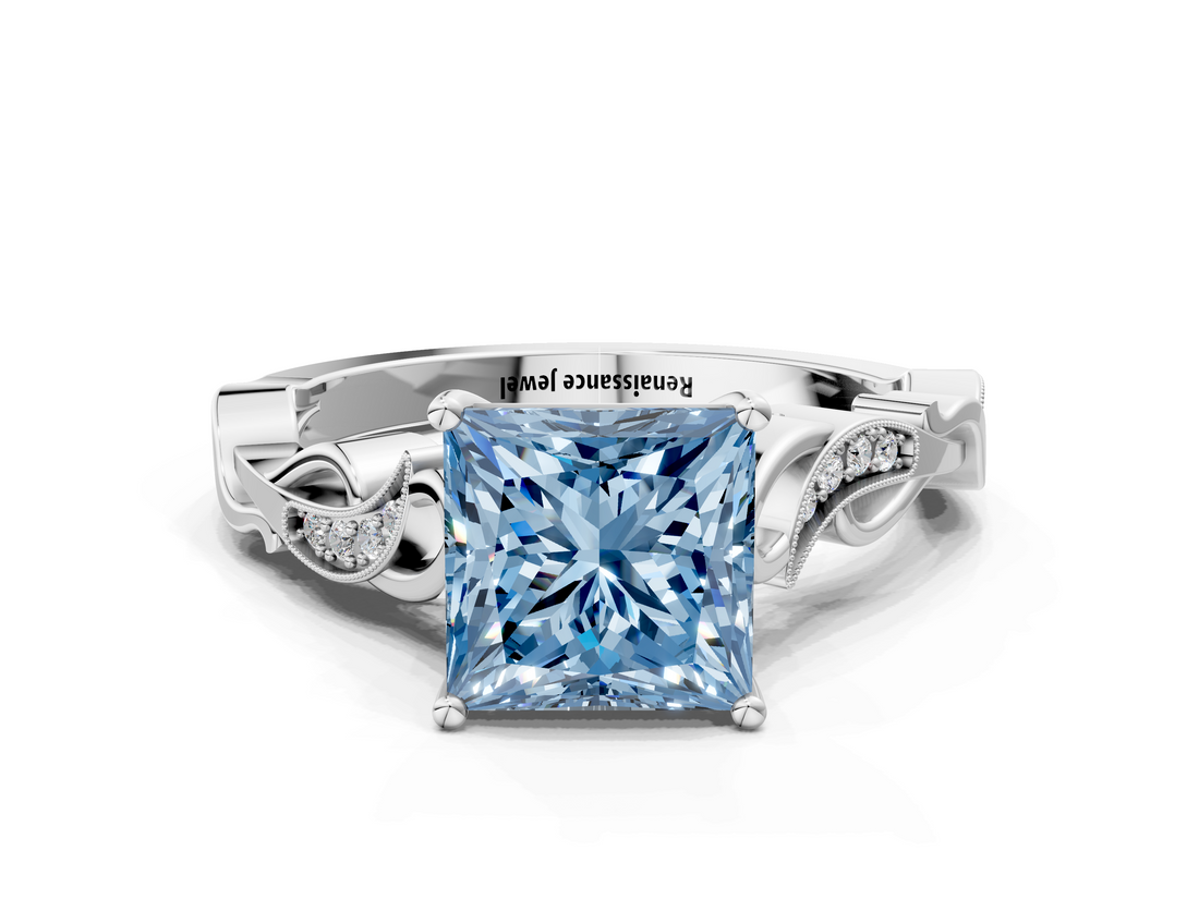 White gold Fancy Blue Princess  Solitaire Vine Band with Milgrain Prong Setting_3