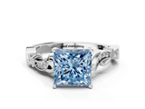 White gold Fancy Blue Princess  Solitaire Vine Band with Milgrain Prong Setting_3