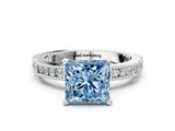 White gold Fancy Blue Princess  Solitaire with Pavé Band and Four-Prong Setting_314