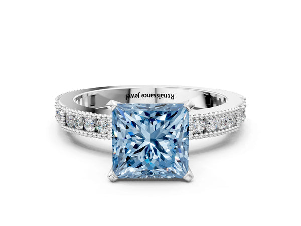 Platinum Fancy Blue Princess  Solitaire with Pavé Band and Four-Prong Setting