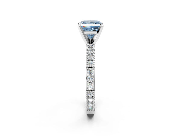 Platinum Fancy Blue Princess  Solitaire with Pavé Band and Four-Prong Setting