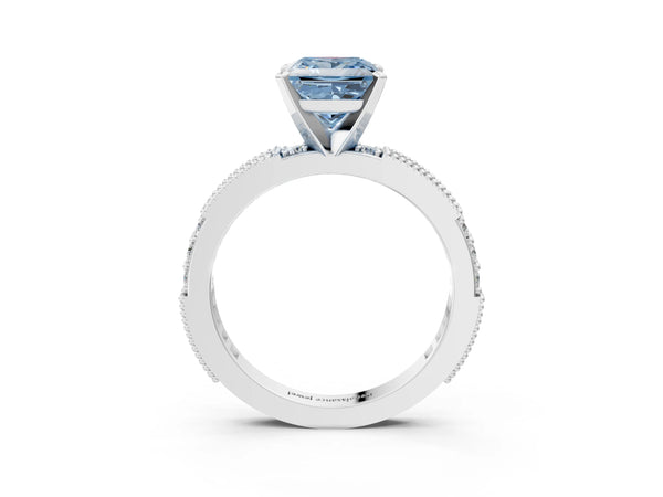 Platinum Fancy Blue Princess  Solitaire with Pavé Band and Four-Prong Setting