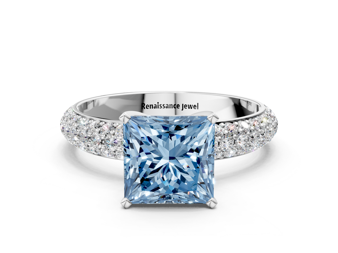 White gold Fancy Blue Princess  Solitaire with Pave Band and Four-Prong Setting_3