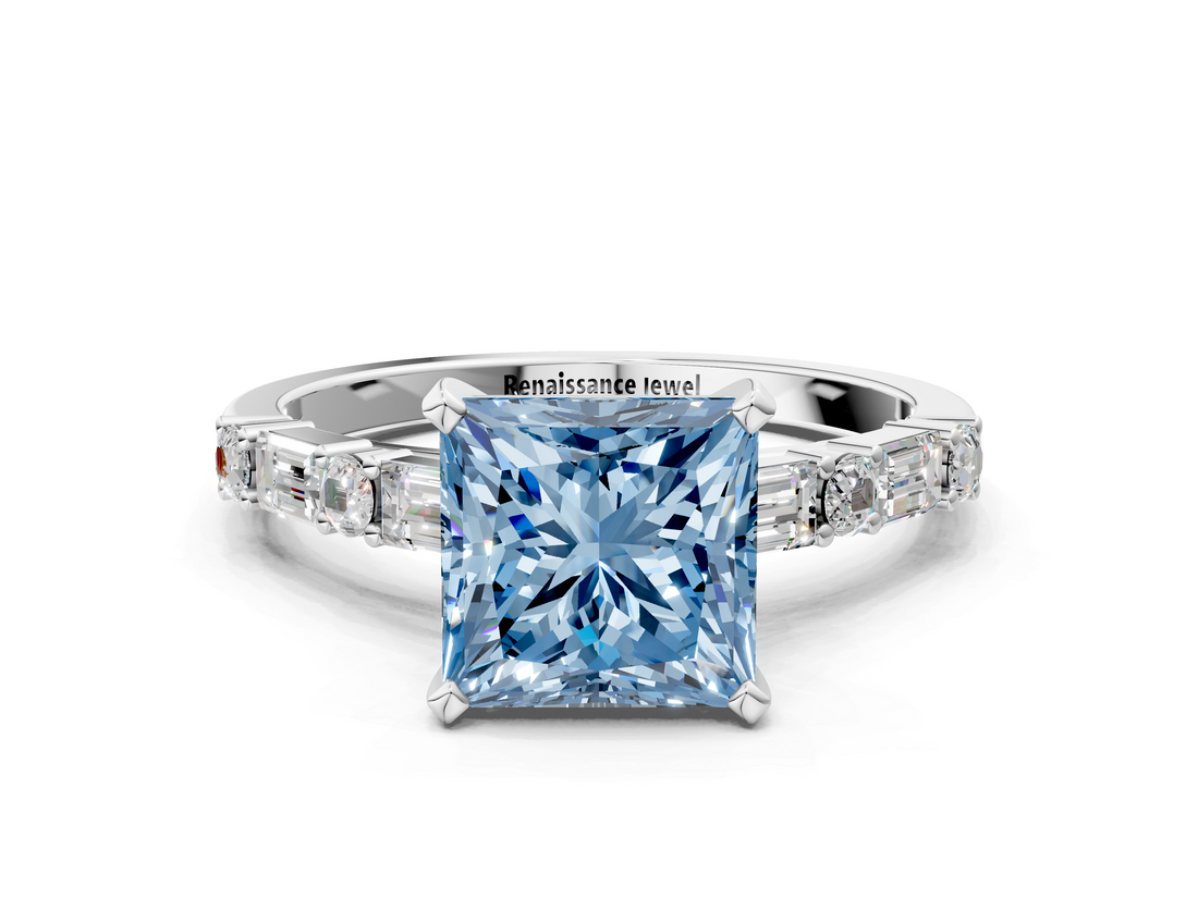White gold Fancy Blue Princess  Solitaire with Side Baguettes and Channel Set Band_44