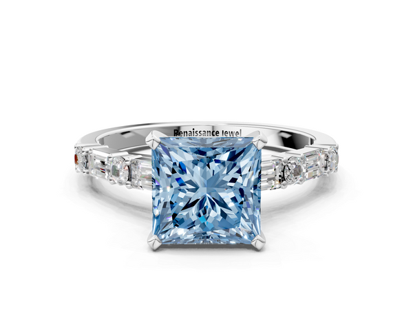 White Gold Princess Cut Engagement Ring Setting for Fancy Blue Center with Baguette Sides