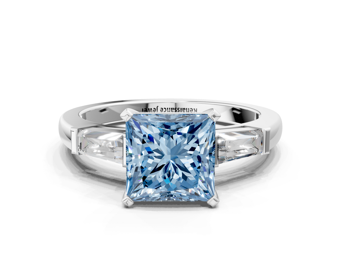 White gold Fancy Blue Princess  Solitaire with Tapered Baguette Side Stones on a Classic Band with Four-Prong Setting_68