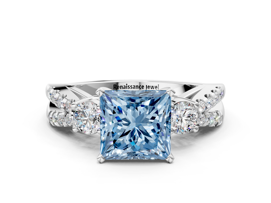 White gold Fancy Blue Princess  Three-Stone Diamond Ring with Pavé Split Shank and Four-Prong Setting_70