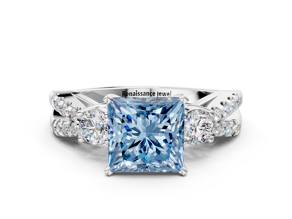 Platinum Fancy Blue Princess Cut Diamond Three-Stone Ring with Pavé Split Shank and Four-Prong Setting