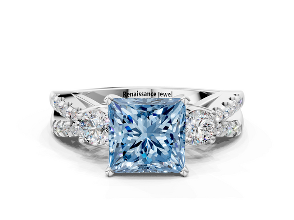 Platinum Fancy Blue Princess Cut Diamond Three-Stone Ring with Pavé Split Shank and Four-Prong Setting