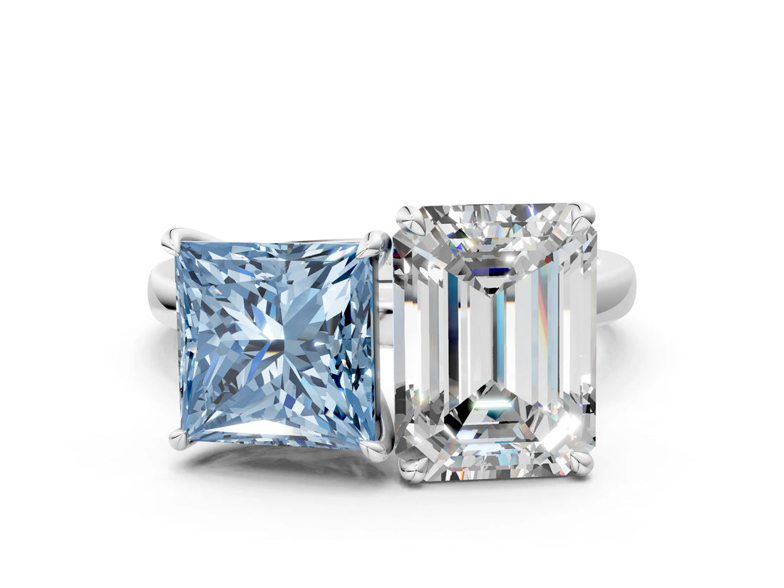 White gold Fancy Blue Princess  and Emerald Cut Toi Moi Ring with Prong Setting_46
