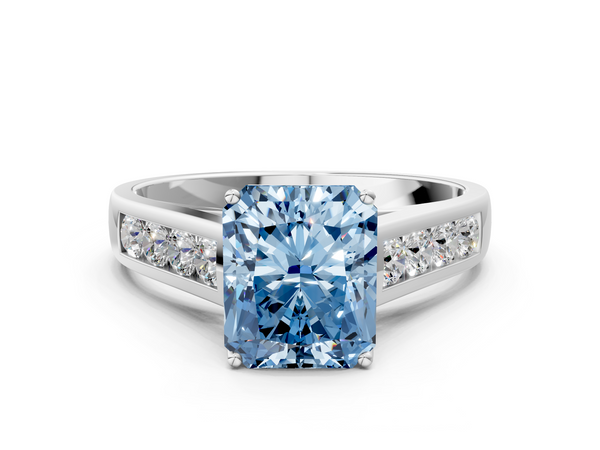 Platinum Fancy Blue Radiant  Brilliant Channel-Set Solitaire Ring with Four-Prong Setting