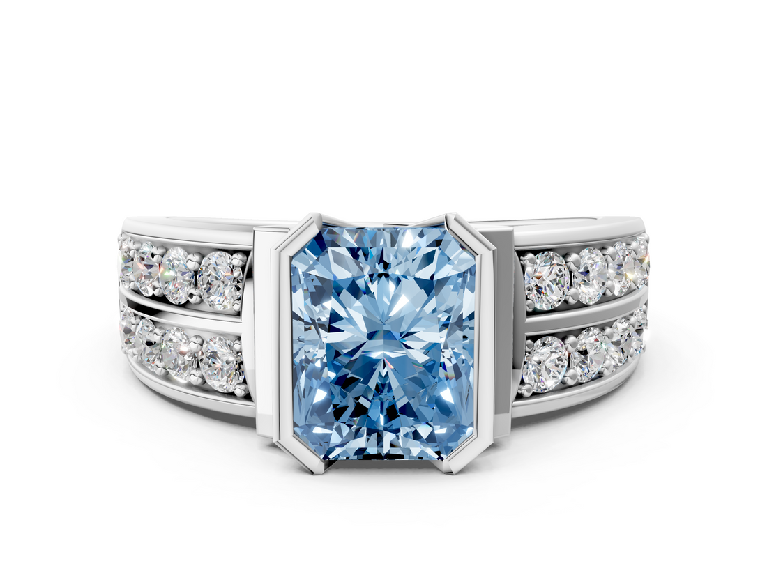 White gold Fancy Blue Radiant  Brilliant Diamond Channel Set Wide Band Ring with Bezel Setting_20