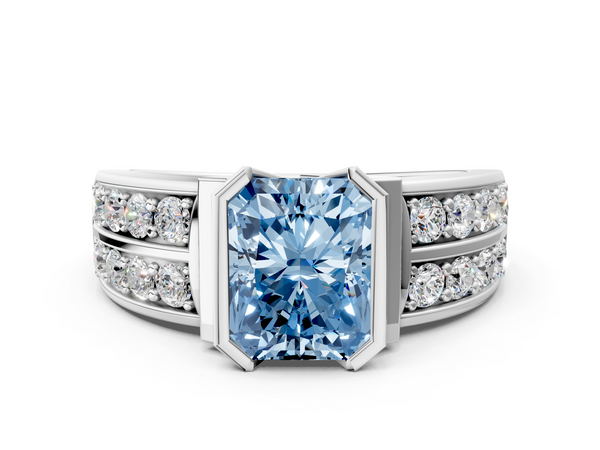 White gold Fancy Blue Radiant  Brilliant Diamond Channel Set Wide Band Ring with Bezel Setting