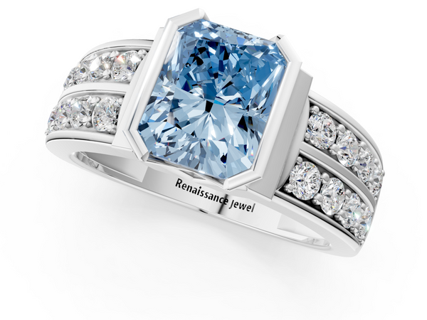 White gold Fancy Blue Radiant  Brilliant Diamond Channel Set Wide Band Ring with Bezel Setting