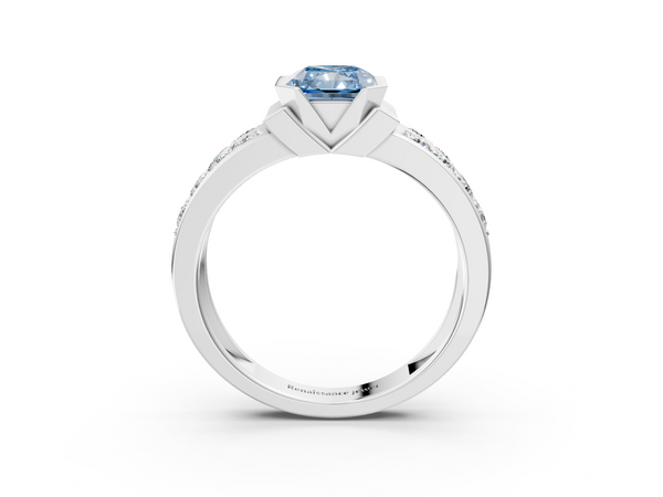 White gold Fancy Blue Radiant  Brilliant Diamond Channel Set Wide Band Ring with Bezel Setting