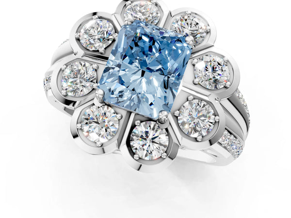 White gold Fancy Blue Radiant  Brilliant Flower Halo Diamond Split Shank Ring