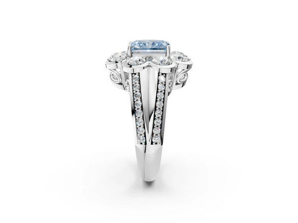 White gold Fancy Blue Radiant  Brilliant Flower Halo Diamond Split Shank Ring