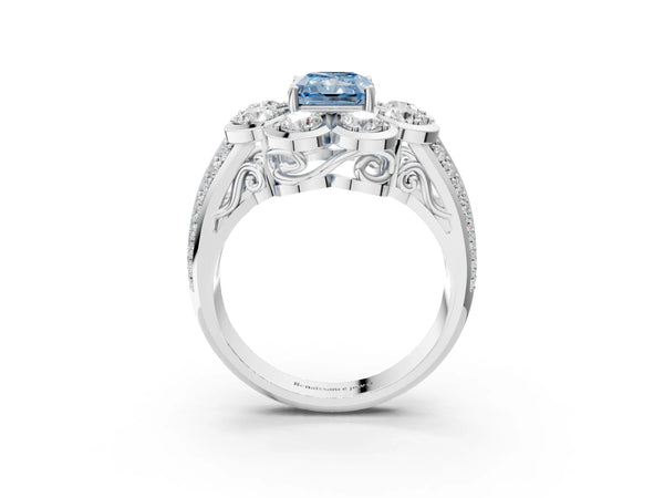 White gold Fancy Blue Radiant  Brilliant Flower Halo Diamond Split Shank Ring