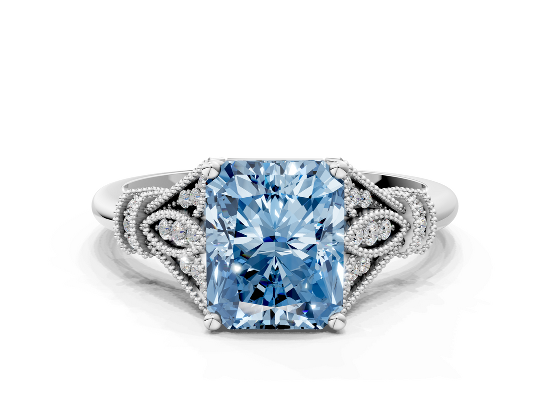 White gold Fancy Blue Radiant  Brilliant Solitaire with Pave Band and Four-Prong Setting_20