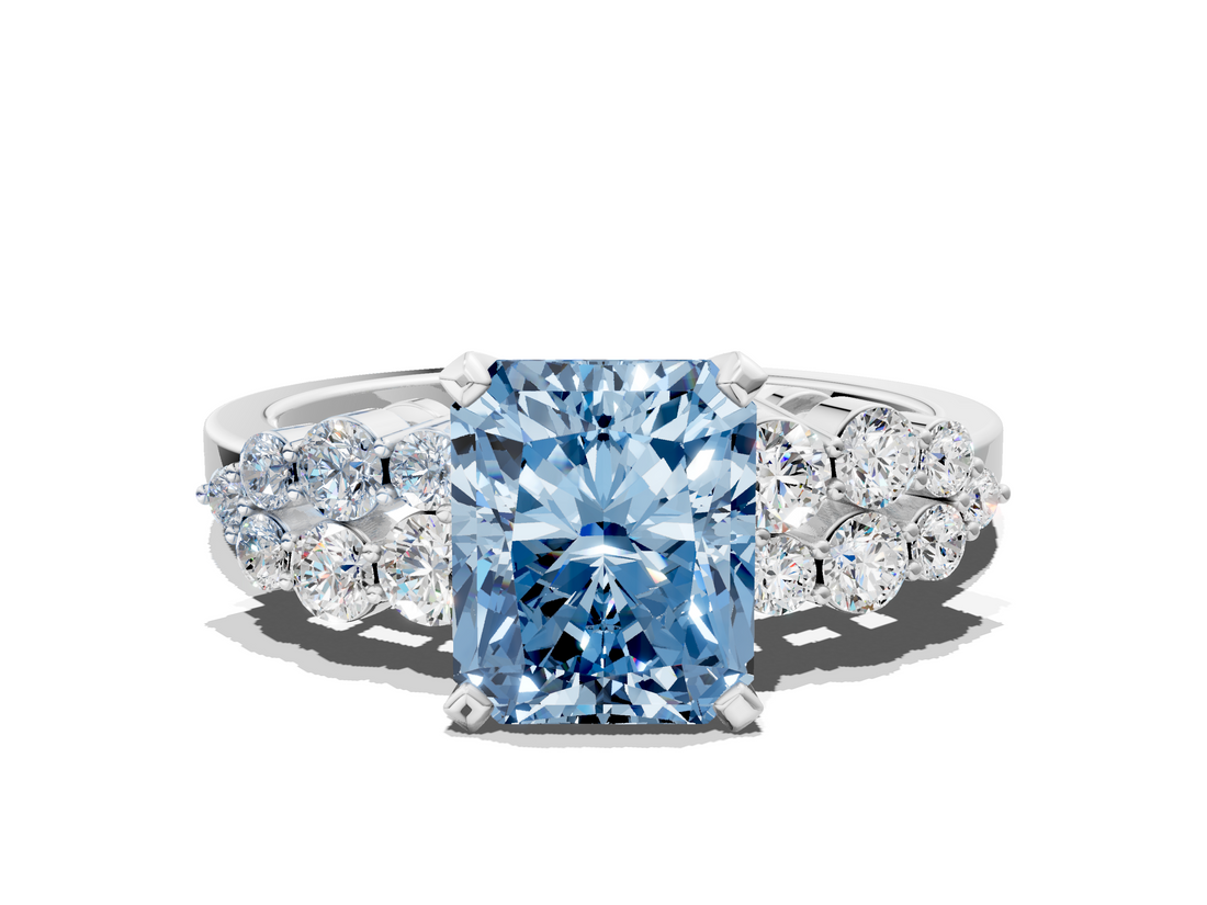 White gold Fancy Blue Radiant  Cluster Diamond Engagement Ring with Pavé Band and Four-Prong Setting_51