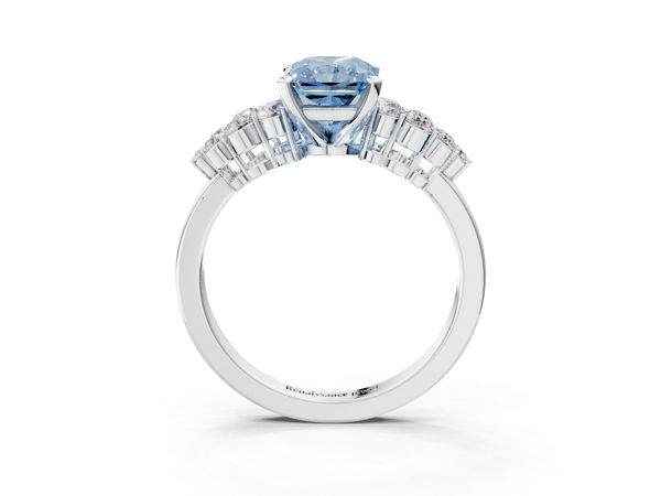 White gold Fancy Blue Radiant  Cluster Diamond Engagement Ring with Pavé Band and Four-Prong Setting