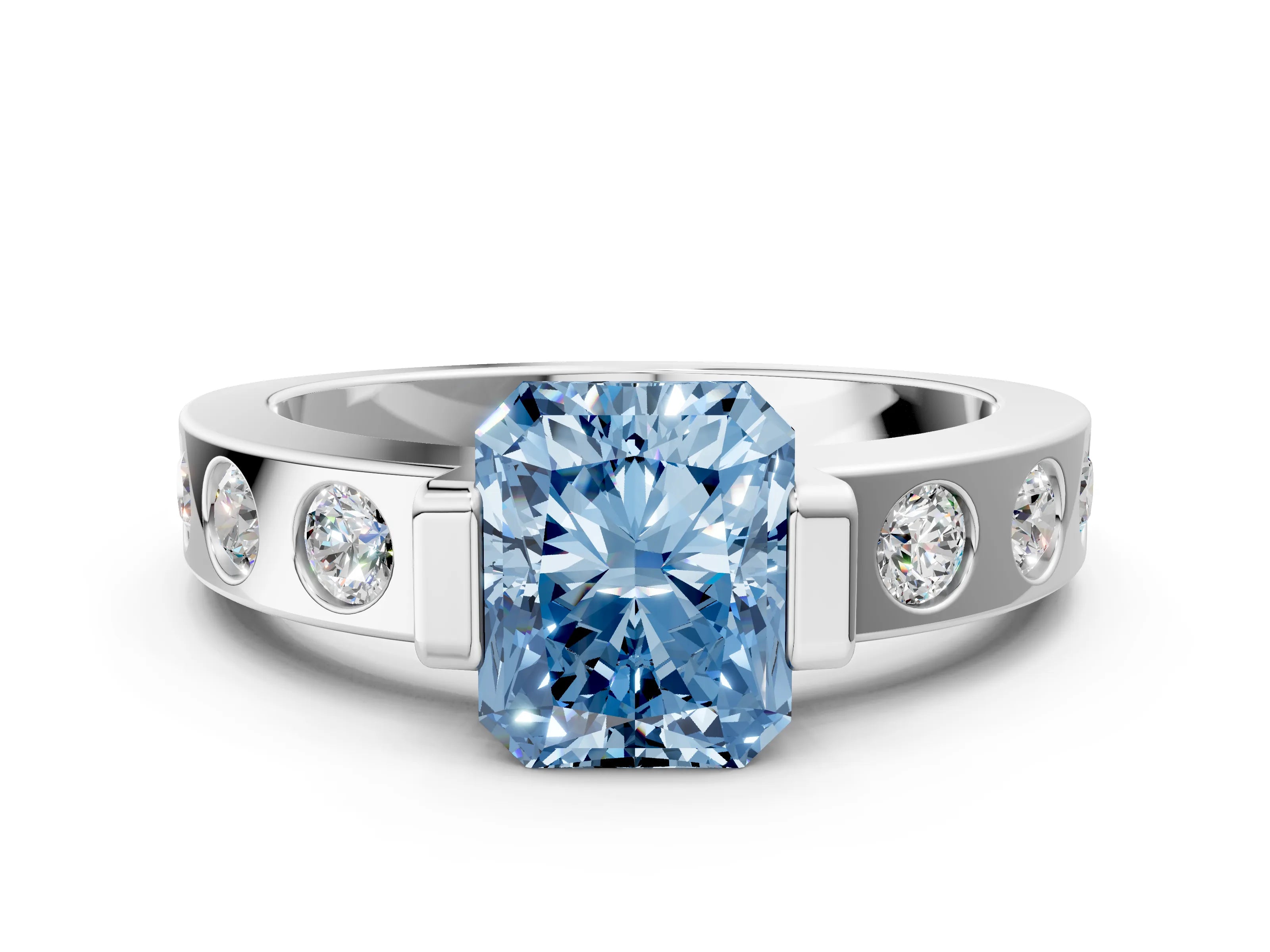 White gold Fancy Blue Radiant Cut Brilliant Channel-Set Diamond Ring with Bezel Prong Setting