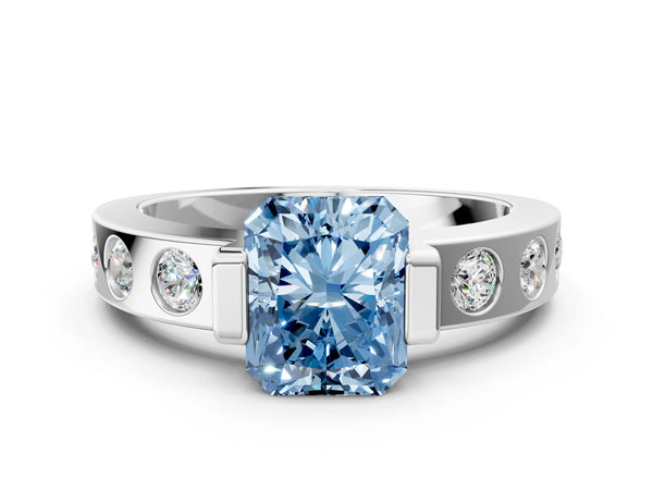 White gold Fancy Blue Radiant Cut Brilliant Channel-Set Diamond Ring with Bezel Prong Setting