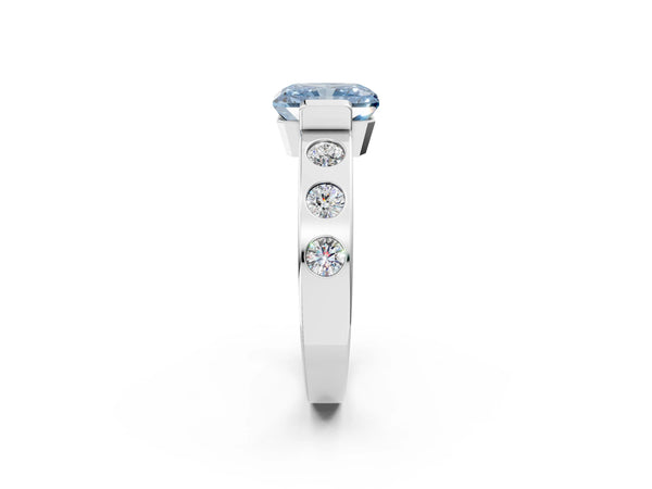 White gold Fancy Blue Radiant Cut Brilliant Channel-Set Diamond Ring with Bezel Prong Setting