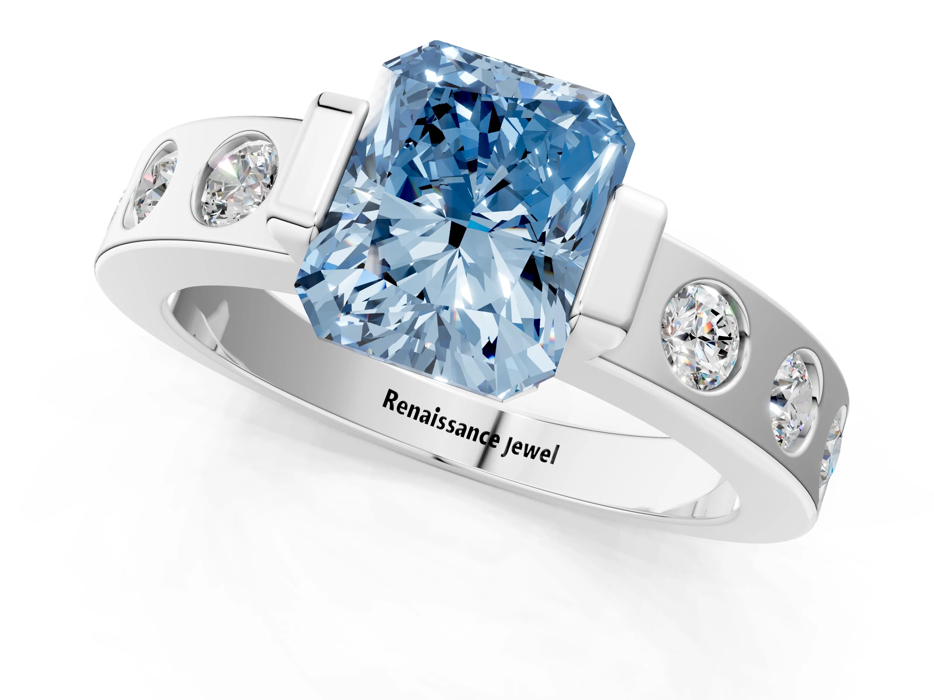 White gold Fancy Blue Radiant Cut Brilliant Channel-Set Diamond Ring with Bezel Prong Setting_1