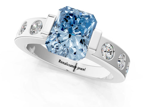 White gold Fancy Blue Radiant Cut Brilliant Channel-Set Diamond Ring with Bezel Prong Setting_1