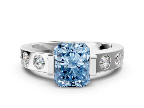 White gold Fancy Blue Radiant Cut Brilliant Channel-Set Diamond Ring with Bezel Prong Setting