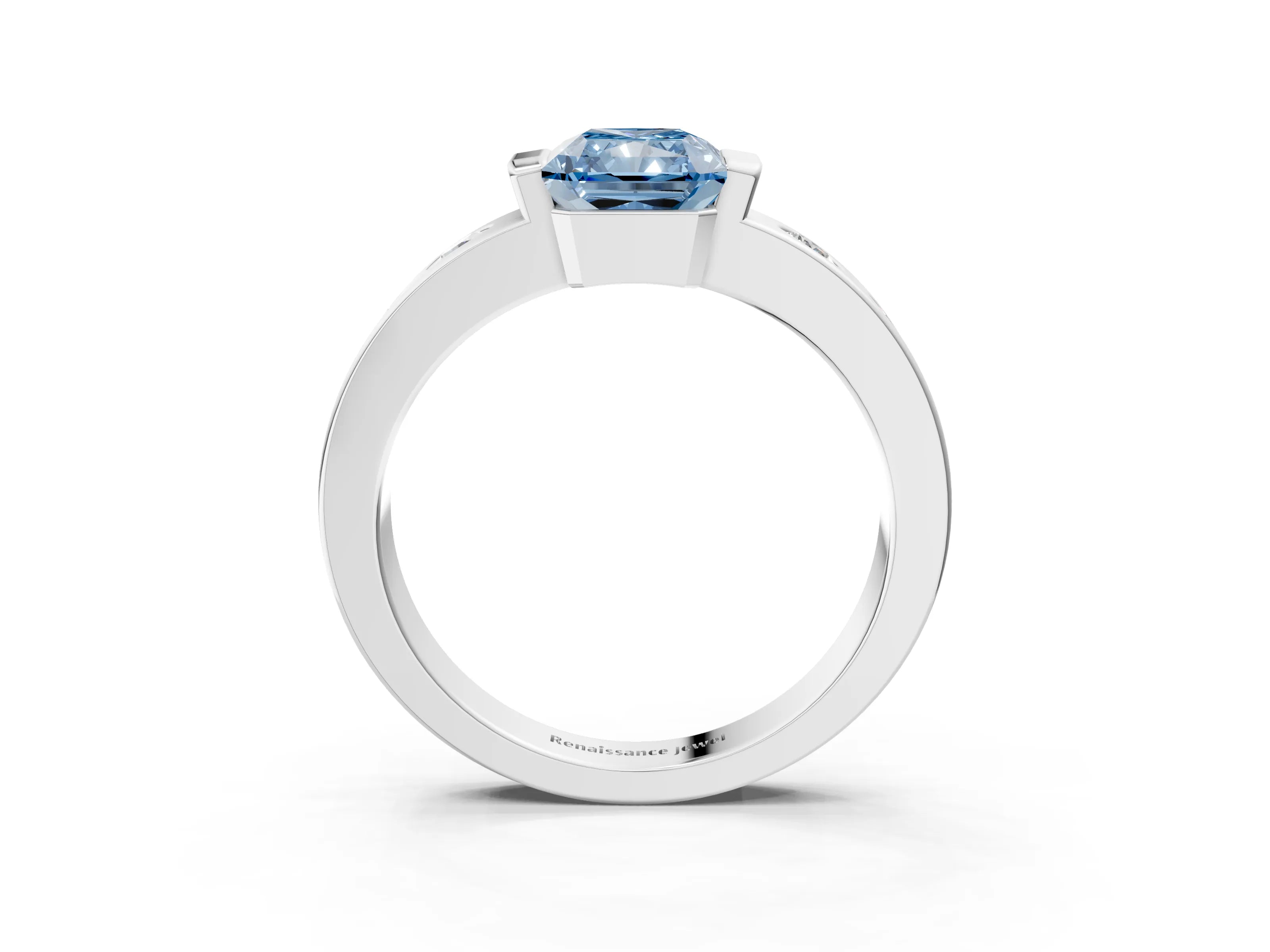 White gold Fancy Blue Radiant Cut Brilliant Channel-Set Diamond Ring with Bezel Prong Setting_3