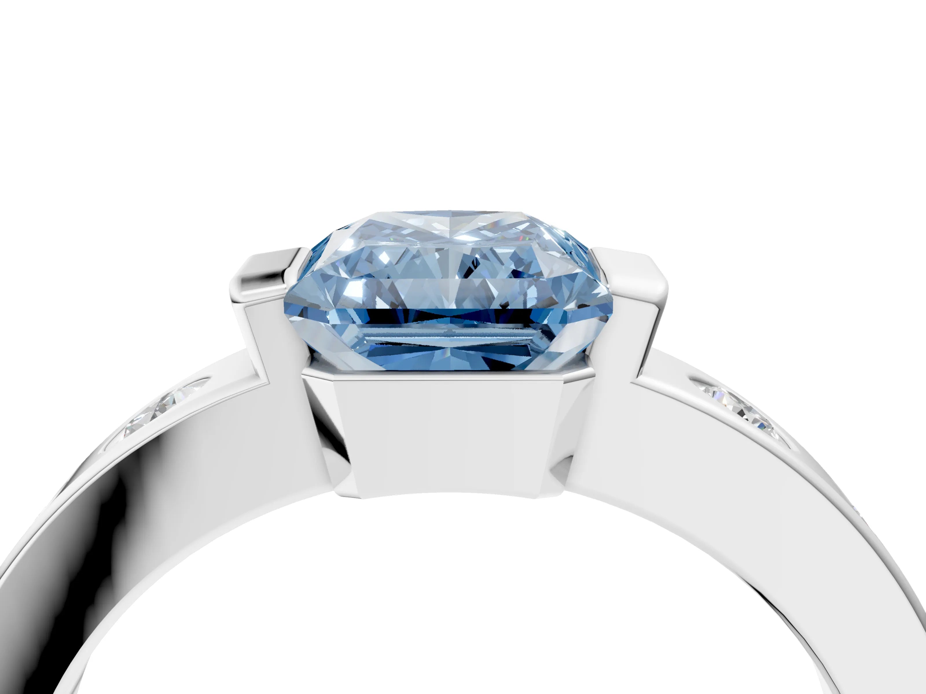 White gold Fancy Blue Radiant Cut Brilliant Channel-Set Diamond Ring with Bezel Prong Setting_4