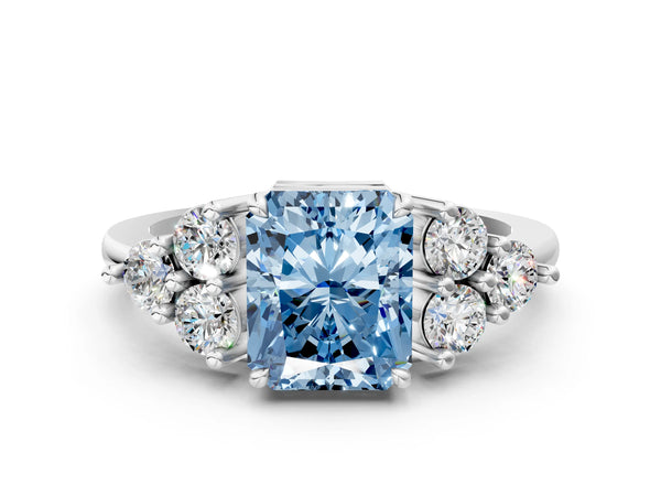 Platinum Fancy Blue Radiant Cut Brilliant Diamond Cluster Accent Solitaire Ring with Prong Setting