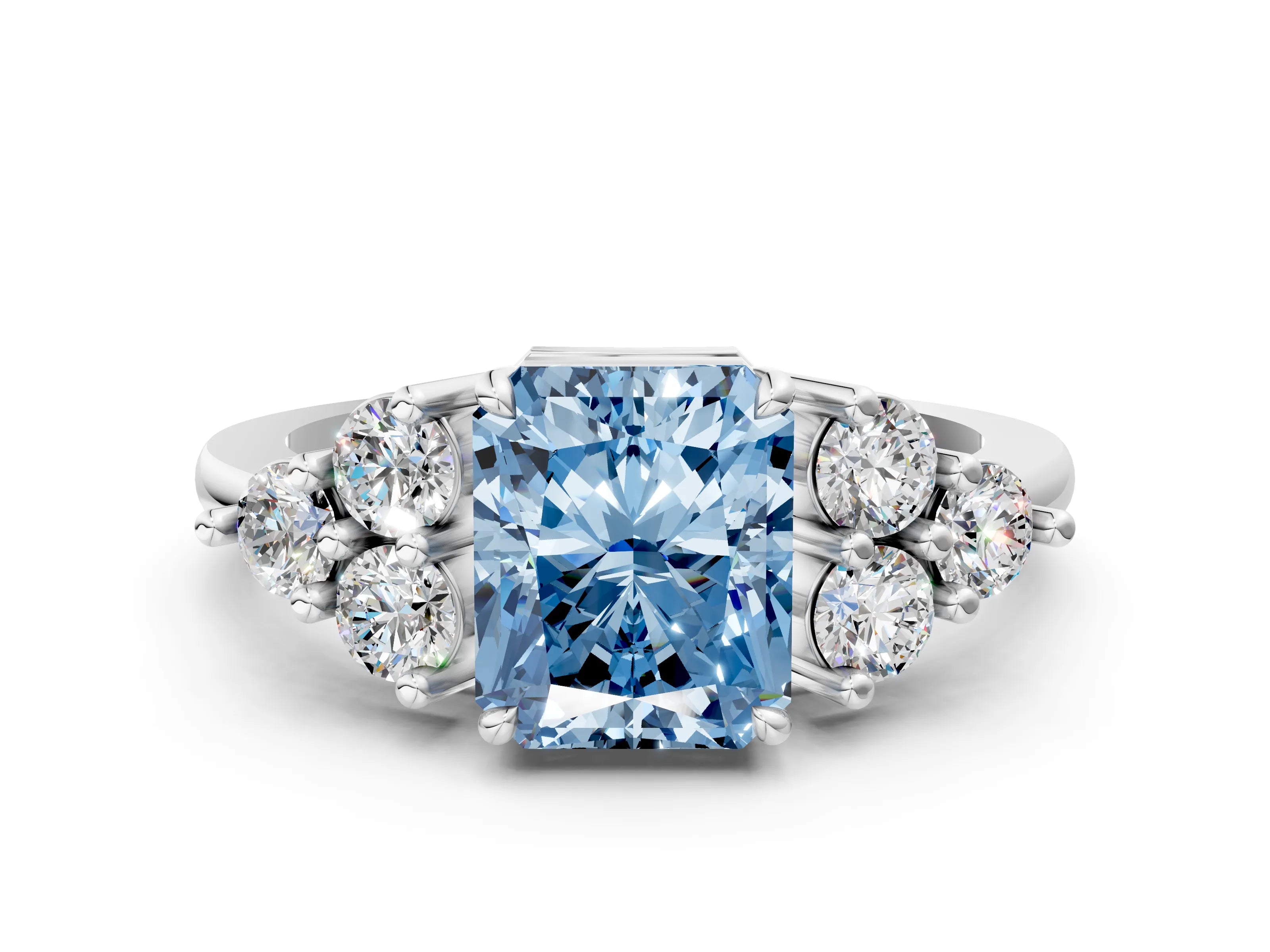 White gold Fancy Blue Radiant Cut Brilliant Diamond Cluster Accent Solitaire Ring with Prong Setting_24