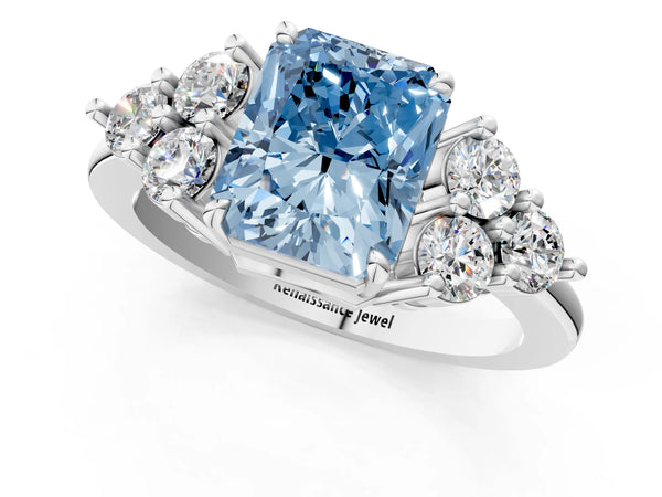 Platinum Fancy Blue Radiant Cut Brilliant Diamond Cluster Accent Solitaire Ring with Prong Setting