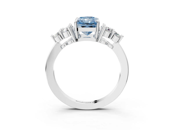 Platinum Fancy Blue Radiant Cut Brilliant Diamond Cluster Accent Solitaire Ring with Prong Setting