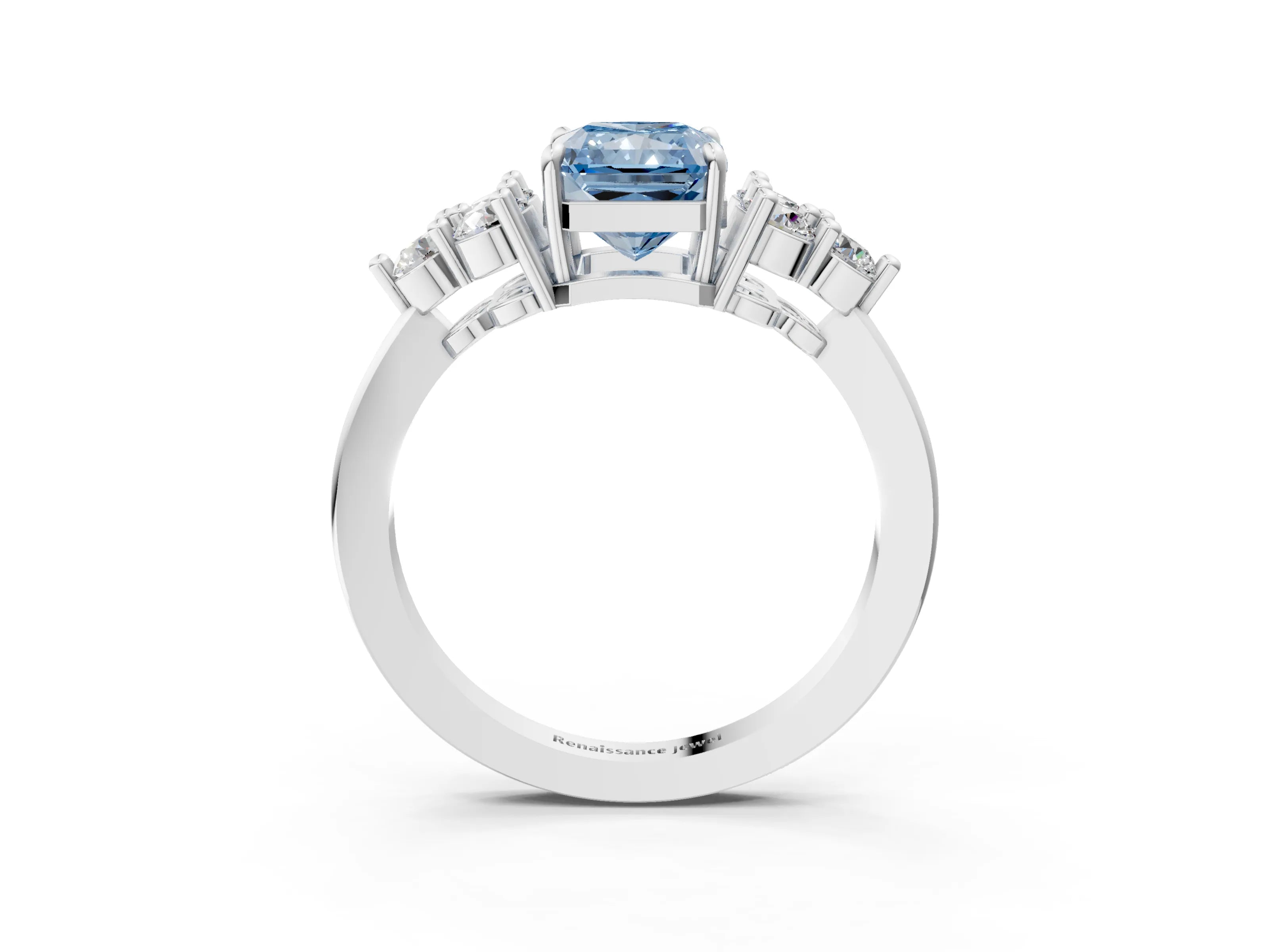 White gold Fancy Blue Radiant Cut Brilliant Diamond Cluster Accent Solitaire Ring with Prong Setting_27