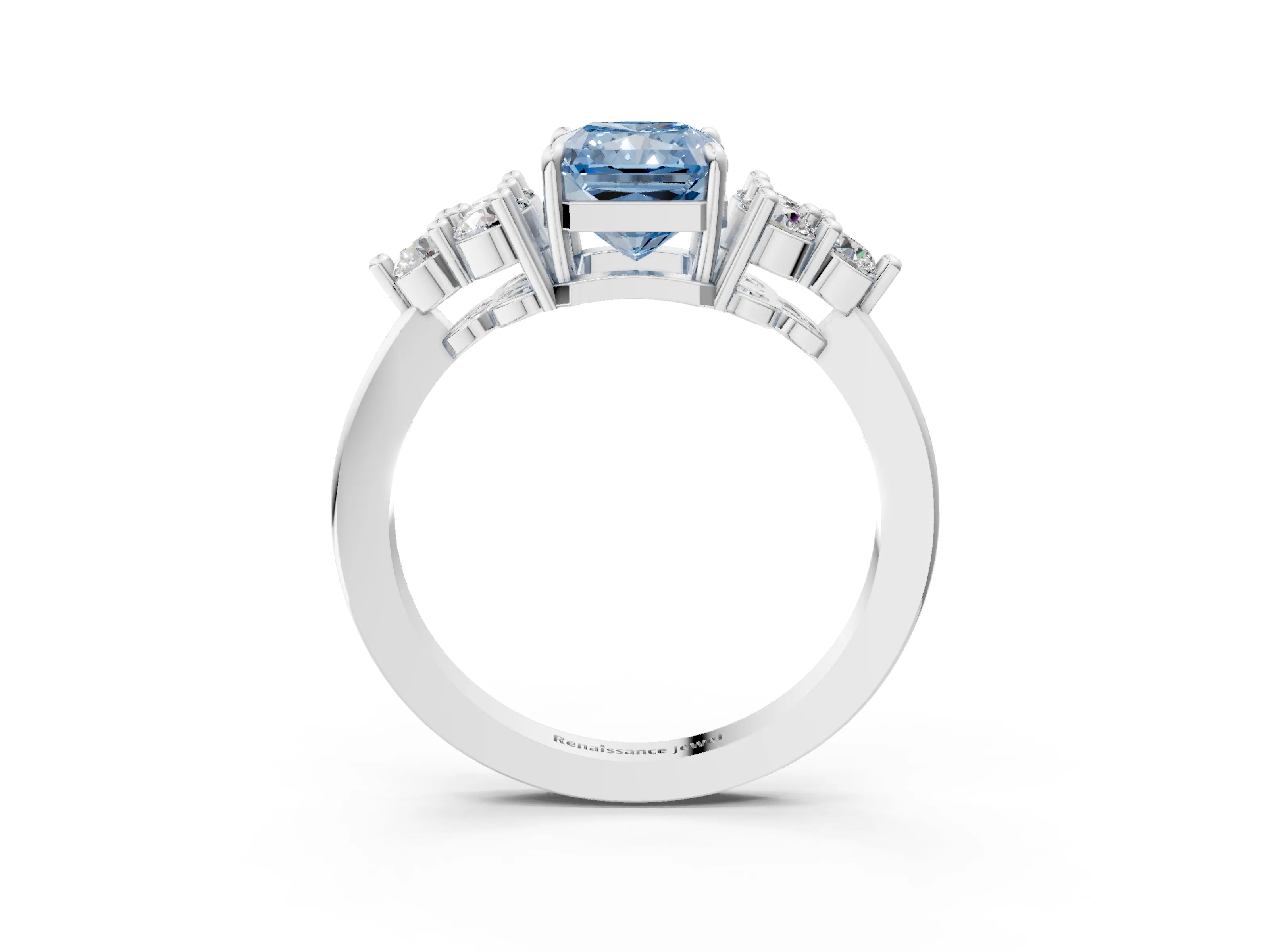 White gold Fancy Blue Radiant Cut Brilliant Diamond Cluster Accent Solitaire Ring with Prong Setting_3