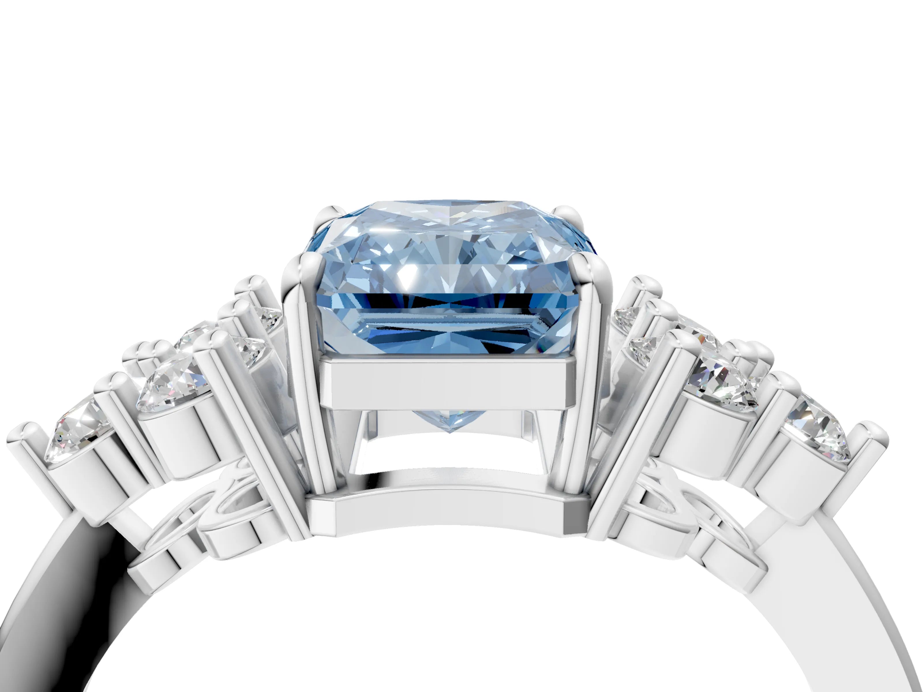 White gold Fancy Blue Radiant Cut Brilliant Diamond Cluster Accent Solitaire Ring with Prong Setting_4