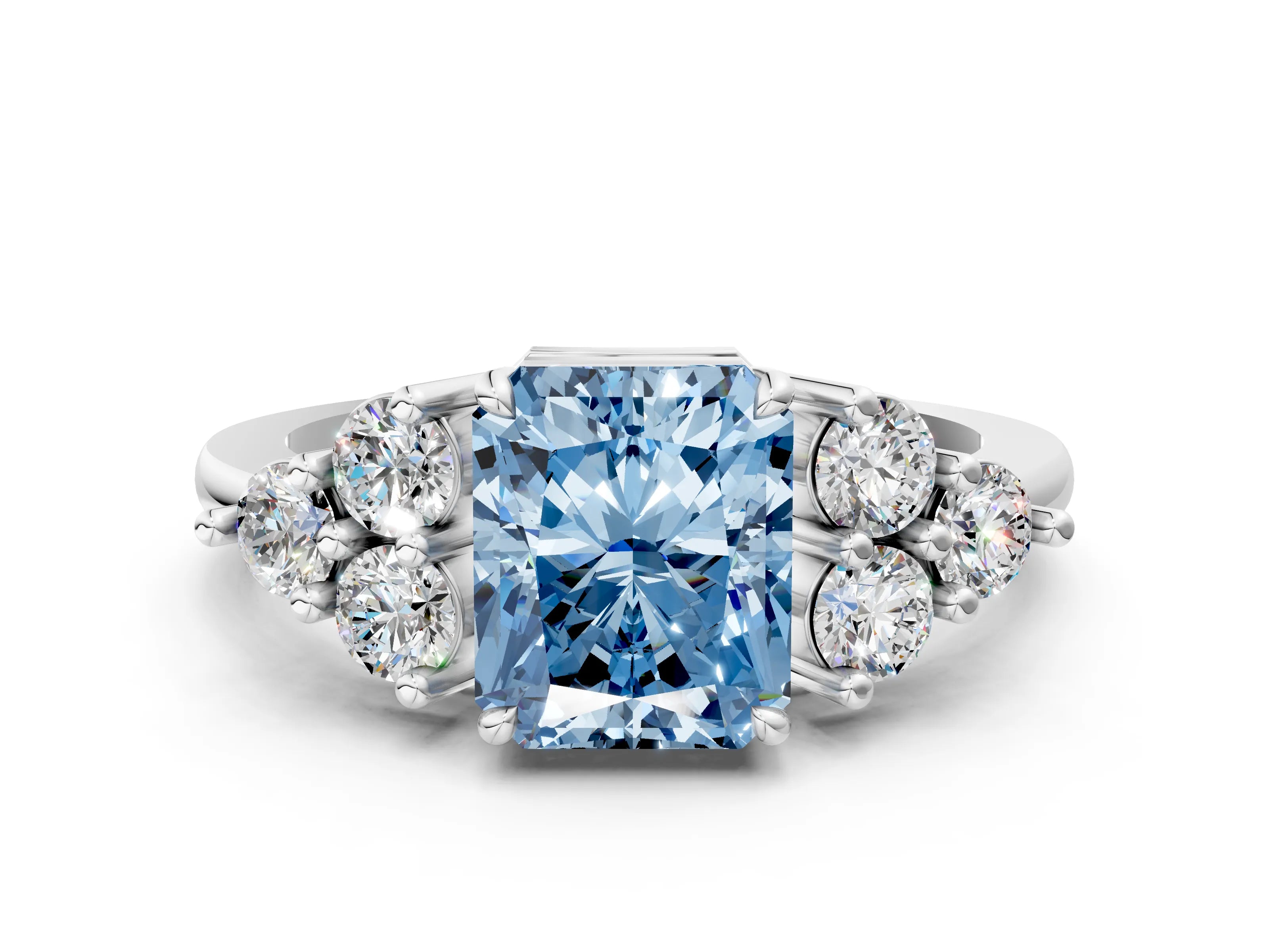 White gold Fancy Blue Radiant Cut Brilliant Diamond Cluster Accent Solitaire Ring with Prong Setting